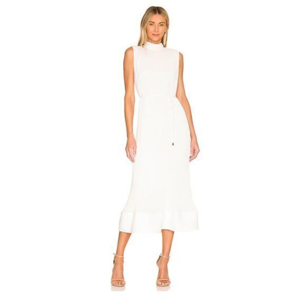 Milly Melina Pleated Sleeveless Ruffle Hem Midi Dress White Size 0